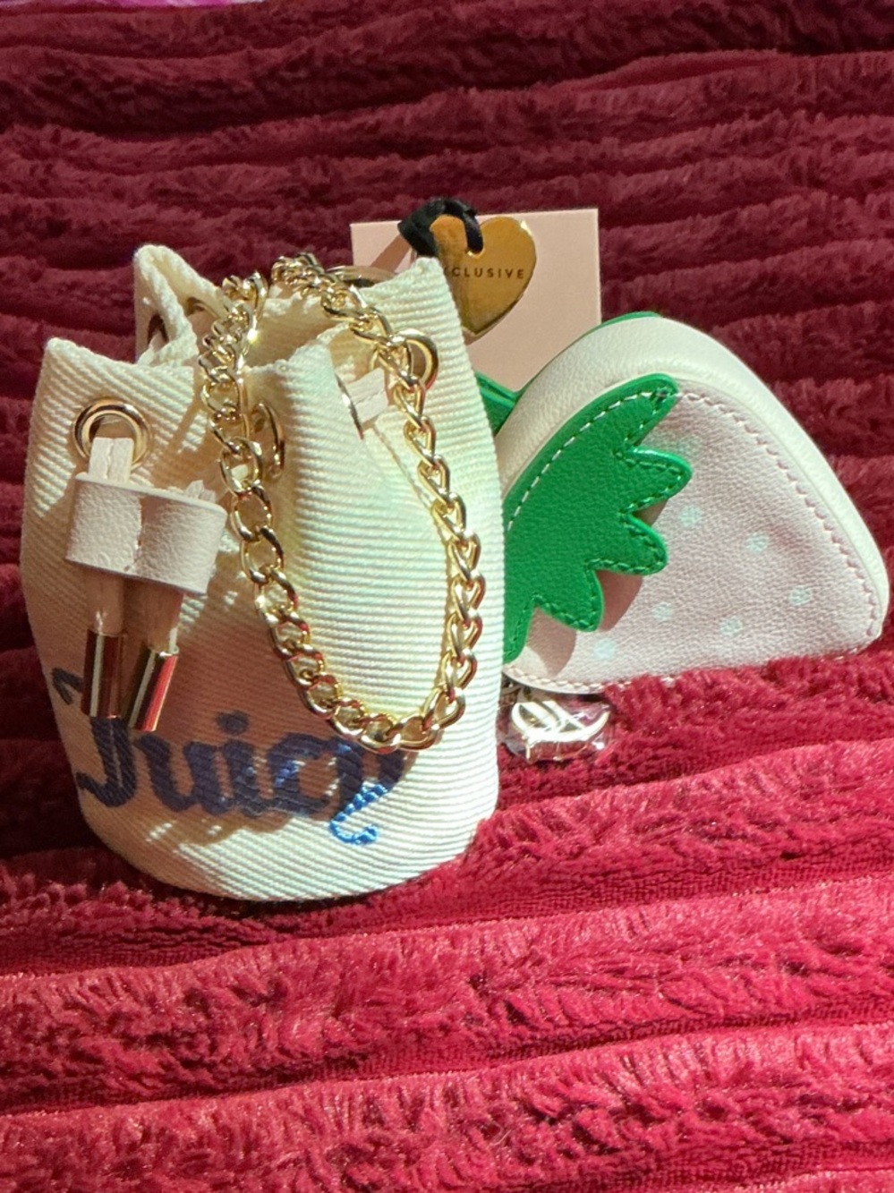 Juicy Couture Cream Drawstring Bucket Bag with Green Strawberry Coin Purse